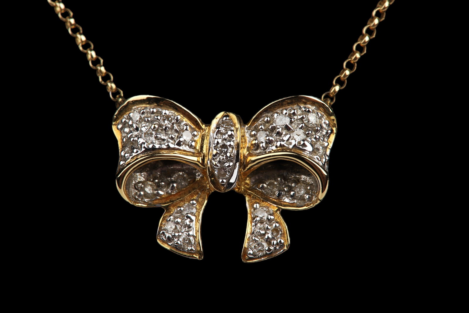 18K Yellow Gold Diamond Pave Bow Necklace: 18K yellow gold diamond pave bow necklace, 17"L, 2.6 DWT
