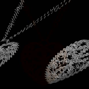 14K White Gold Diamond Pave Pendant Necklace: 14K White Gold Diamond Pave Pendant Necklace, double strand 14K white gold necklace with a floral pierced diamond pave heart pendant, 19"L chain, 1 1/4"H pendant, stamped 14K 585, 6.6 DWT, retailed by