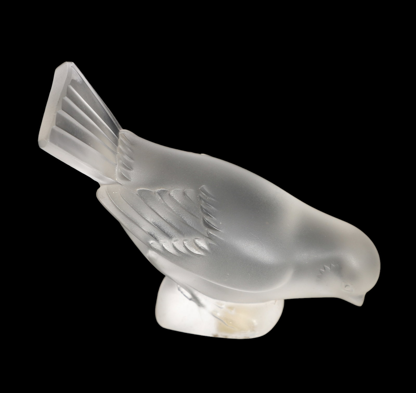 Lalique Moineaux Hardi Sparrow Head Down Figure: Lalique frosted crystal "Moineaux Hardi" bird paperweight figurine, Sparrow with head down, marked "Lalique France", 3-3/4" h x 5" l