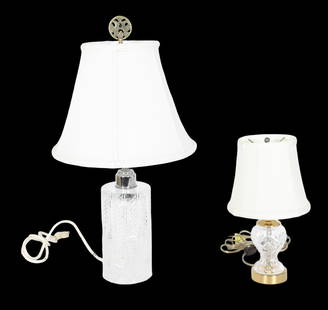 (2) Waterford Cut Crystal Table Lamps: (2) Waterford cut crystal table lamps, c/o cylinder herringbone with chrome mounts (22-1/4" h overall), boudoir lamp (12-1/2" h overall), No label on shade, small lamp works good, taller lamp has wear