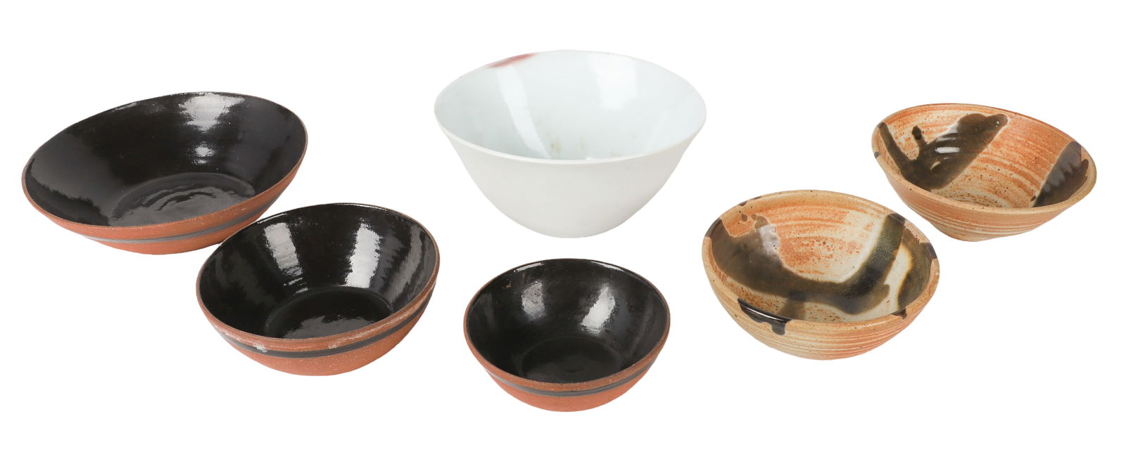 (6) Lynne Berman Art Pottery Bowls: (6) Lynne Berman art pottery bowls, marked "LB", c/o (3) brown nesting bowls (9" dia, 6-5/8" dia, 5-1/2" dia), (2) tan & brown swirl (6-5/8" dia x 3" h & 6-3/4" dia x 2-3/4" h), white ovoid impressed