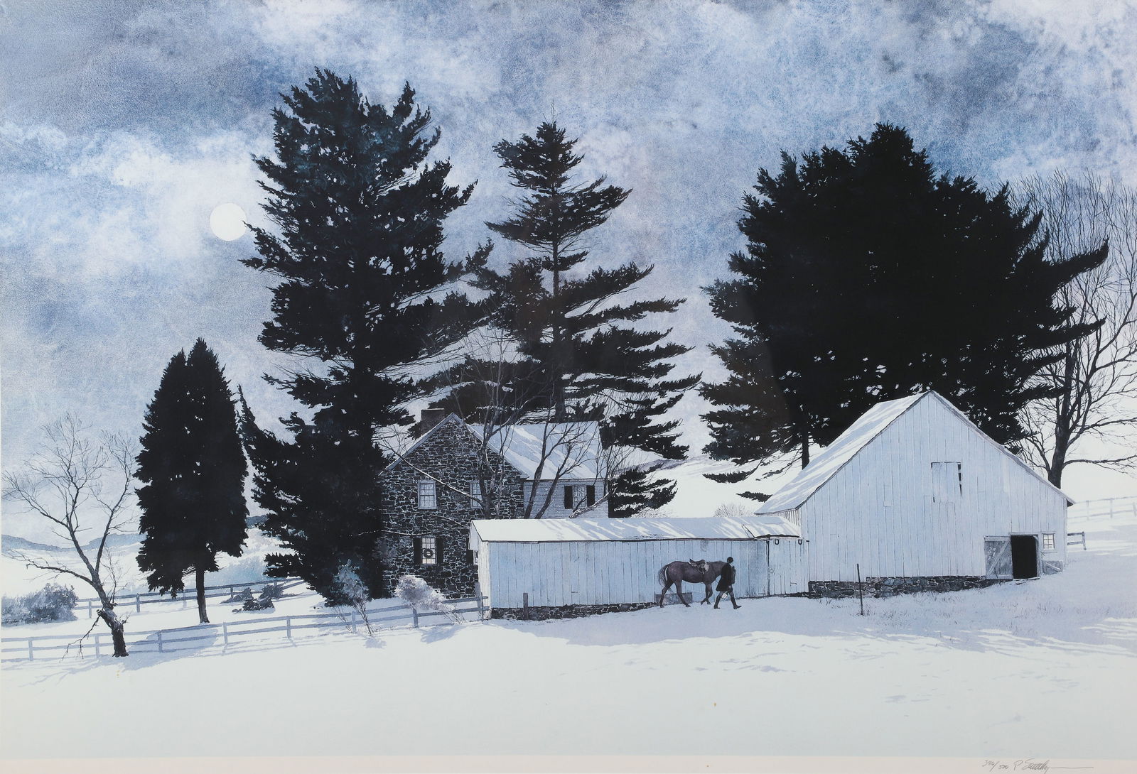 Peter Sculthorpe Lithograph "Christmas Moon": Peter Sculthorpe (American, b 1948) PA artist, lithograph "Christmas Moon", offset lithograph, pencil signed "P. Sculthorpe", edition 380/500, 19-1/4" x 25-5/8" image, framed 29-3/4" x 39-1/8, excelle