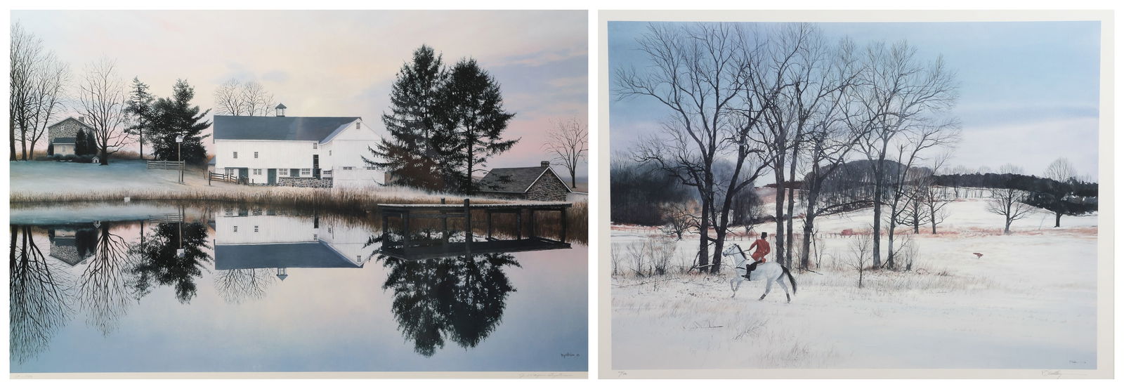 Peter Sculthorpe and J. Wayne Bystrom (2) Prints: Peter Sculthorpe (American, b 1948) and J Wayne Bystrom, 20th C American, PA artists, (2) prints, "Kennel Woods Fox", signed "P. Sculthorpe", edition 104/500, 19-3/4" x 27-3/4" image; farm landscape,