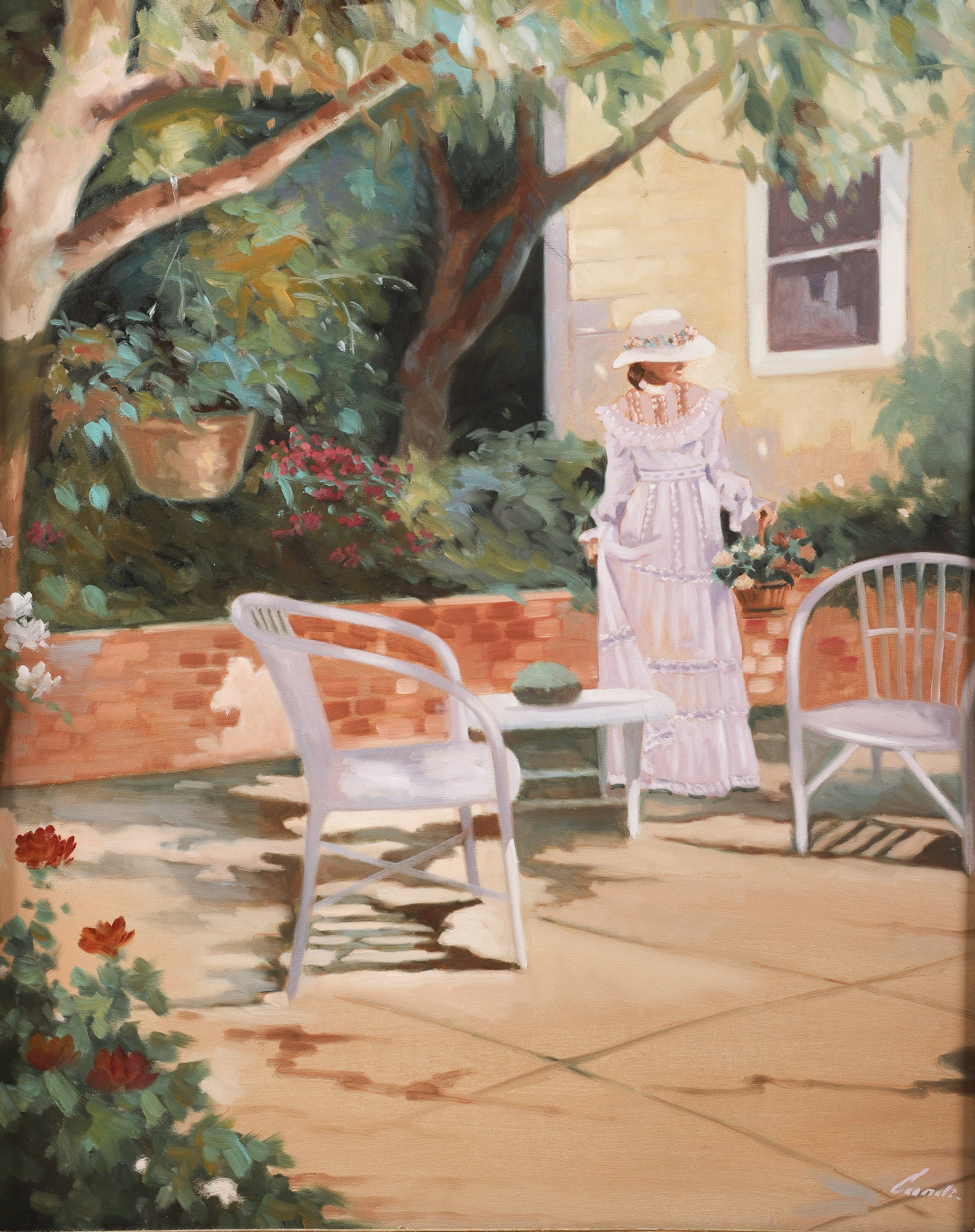 Lugano Candi painting "Woman on Patio": Lugano Candi (Argentinia, born 1948) painting "Woman on Patio" in the Impressionist style, oil on canvas, signed Candi, 32" x 26", framed 38" x 32", excellent condition