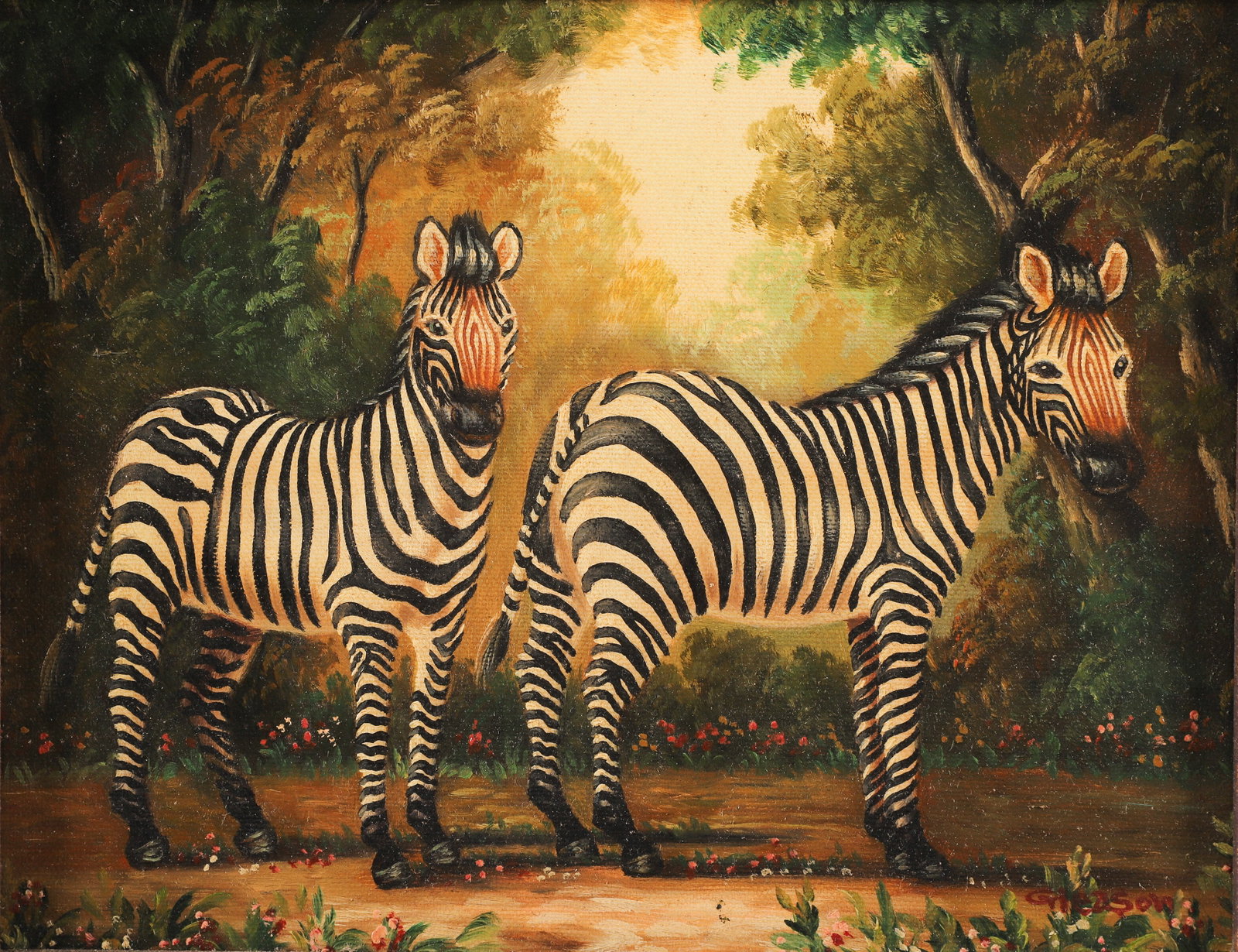 Reproduction Painting of Zebras: Reproduction painting of zebras, oil on canvas, signed "Gleason", 8" x 10", framed 17-1/4" x 19-1/4", excellent condition