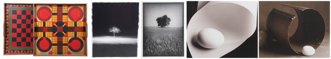 (4) Photographs Ron Tarver and others and (2) Robina Limited game board trays: (4) Photographs Ron Tarver & others, "Grain Field" and "Burning Bush" signed "Ron Tarver", edition 3/15, 20" x 14-7/8" image; (2) still lifes with eggs, no visible signature, 12-1/2" x 10-1/8" sight;