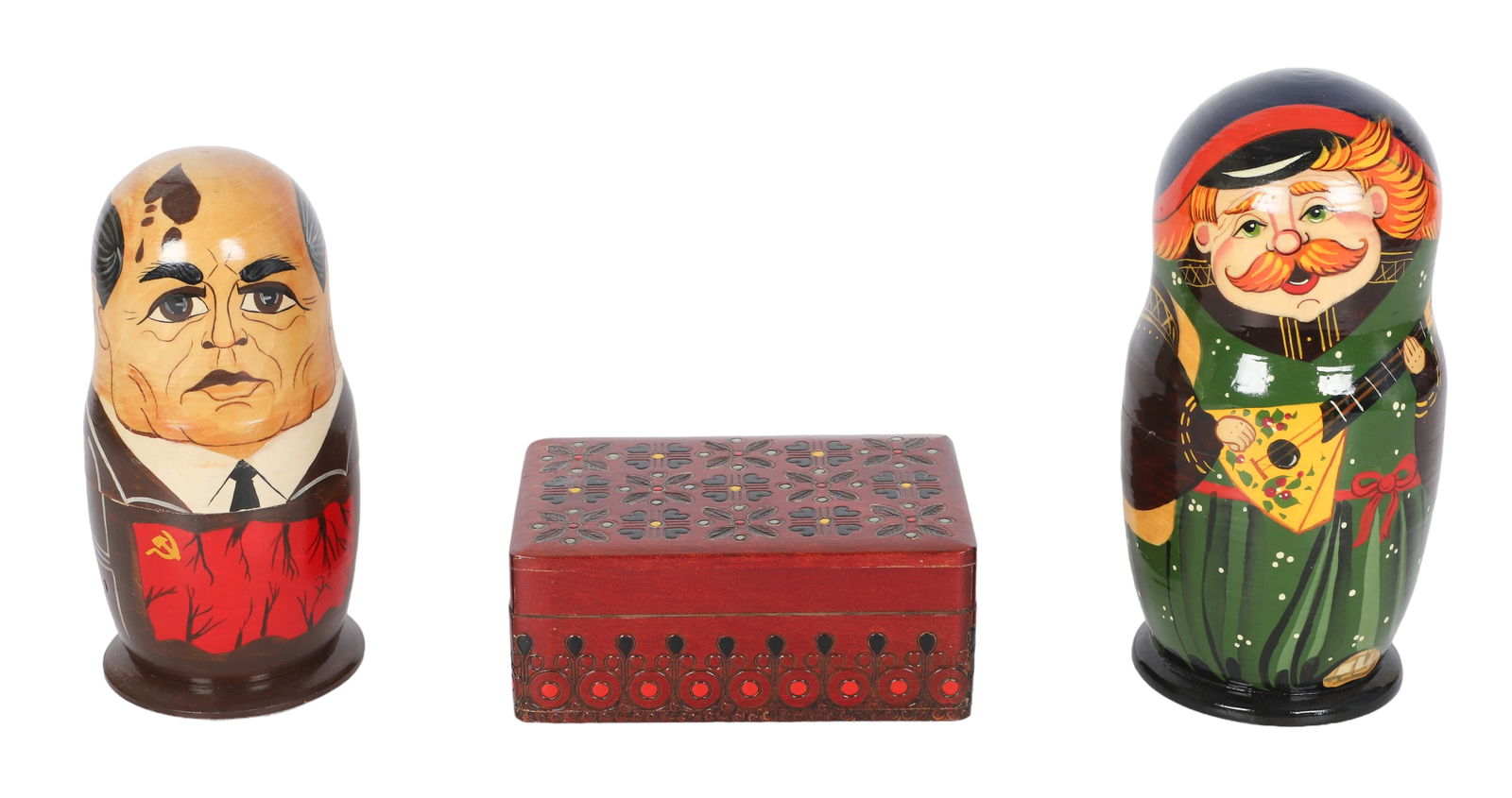 (2) Turned Wood Russian Nesting Dolls & Box: (3) Russian items, c/o (2) turned wood Matryoshka nesting dolls, c/o 7-nesting dolls starting with man with balalaika (8-1/4" h), 5-nesting dolls Gorbachev Yeltsin Khrushchev Stalin Lenin (7-1/4" h).