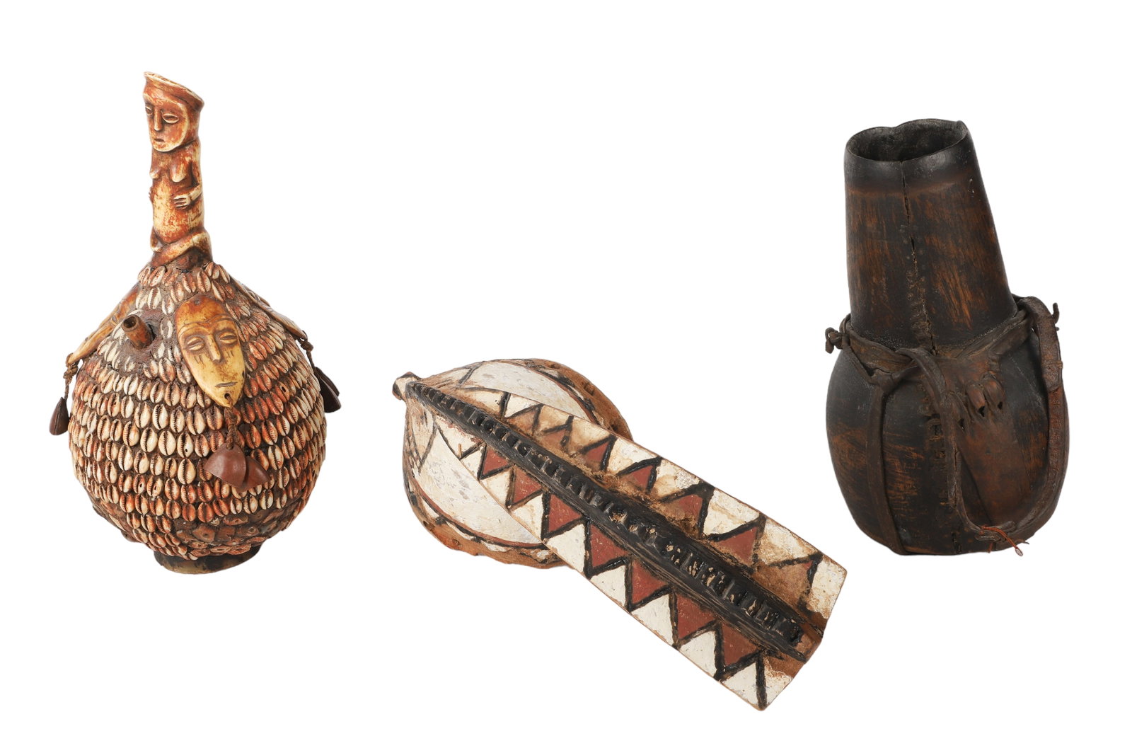 (3) African Items: (3) African items, c/o Lega gourd water pipe covered with bone fertility figure, faces & cowrie shells (14-1/4" h, one bell needs to be reattached), wood & leather milk vessel (11-1/2" h), Mossi Niona