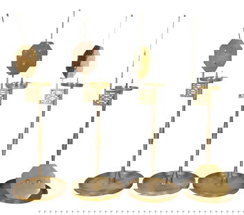 (4) Korean Brass Candle Spikes: (4) Korean brass candle spikes, 29-1/2" h overall, one reflector needs to be reattached