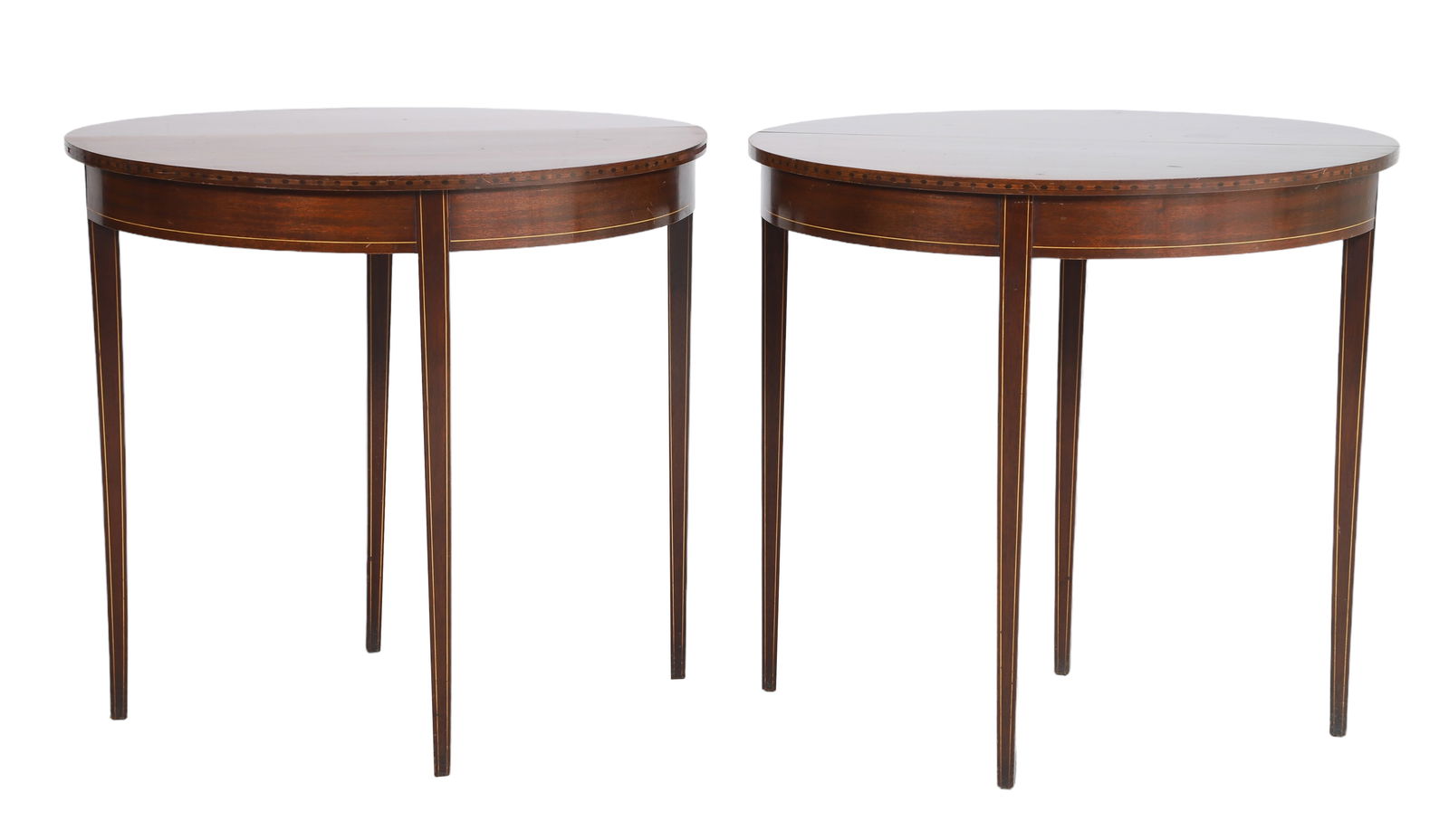 Pair Brandt Hepplewhite style mahogany inlaid demilune game tables (1 of 5)