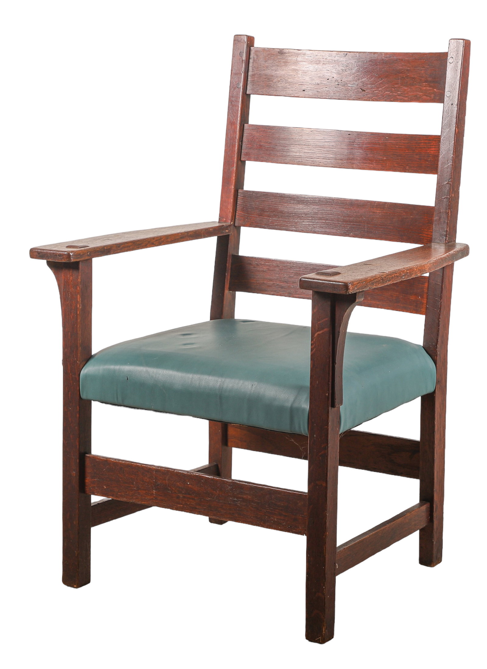 L & JG Stickley Arts and Crafts oak armchair: L & JG Stickley Arts and Crafts oak armchair, 4 slat back, upholstered over leather seat, 39"h x 27"w