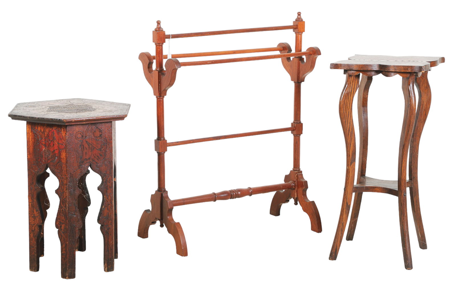 Turned towel rack, embossed painted side table, oak carved 2-tier side table (1 of 5)