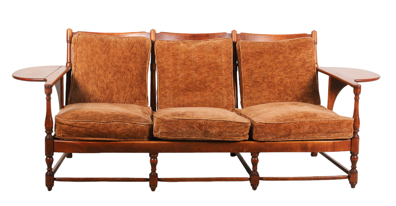 Maple Colonial Sofa: Maple Colonial Sofa with broad writing arms, three loose and back cushions, 84"l x 33"h