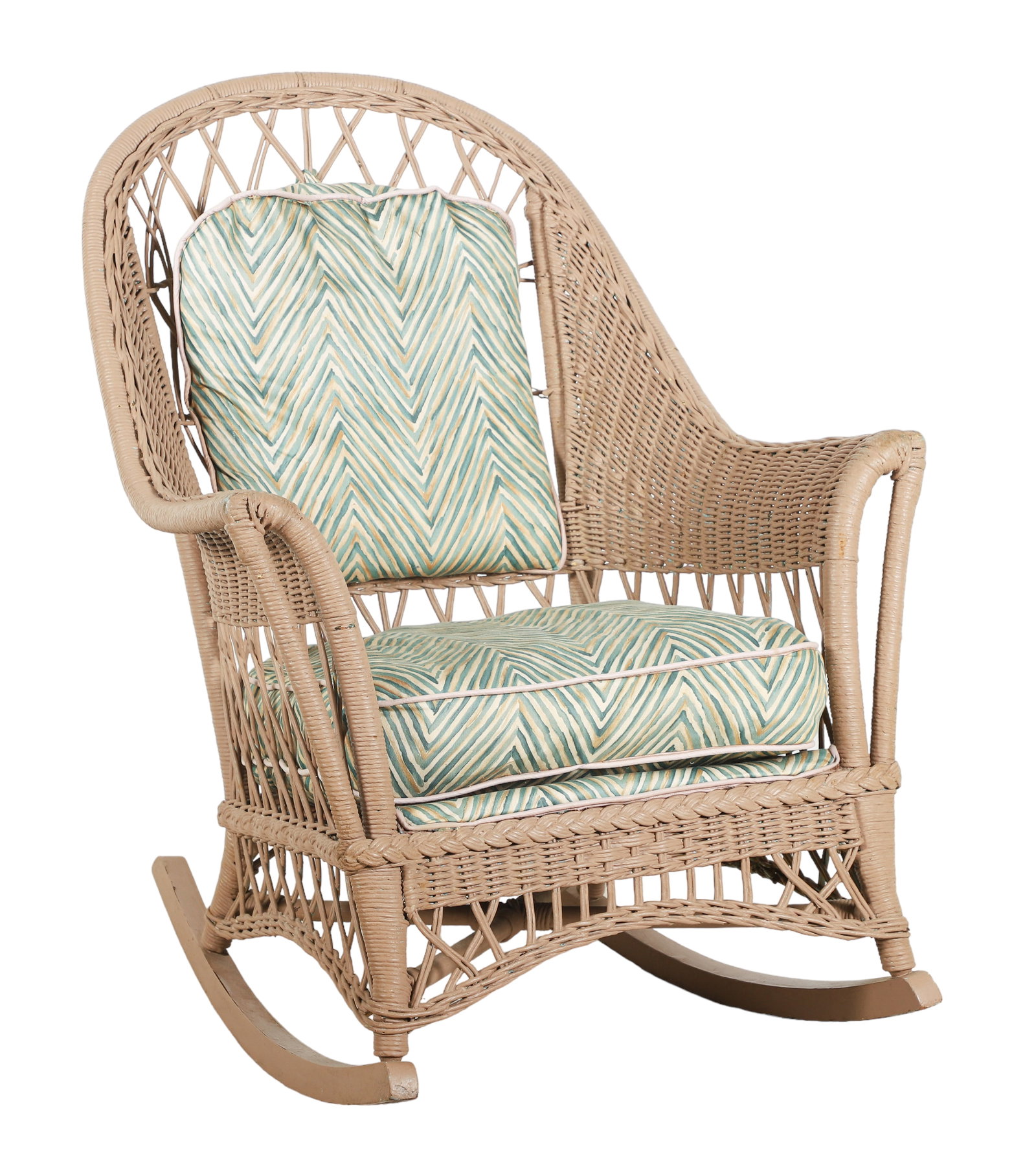 Painted wicker rocking chair: Painted wicker rocking chair, beige painted, with decorative cushions, 38"h x 31"w x 25"d, wear to paint