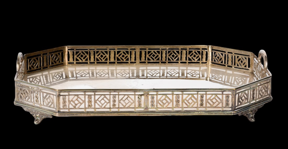 Art Deco Style Silver Plate Serving Platter: Art Deco style silver plate octagonal serving platter, large SP mark and copyright 1999 on base, pierced gallery, open handles, acanthus feet, 23-1/2" x 17-1/2"