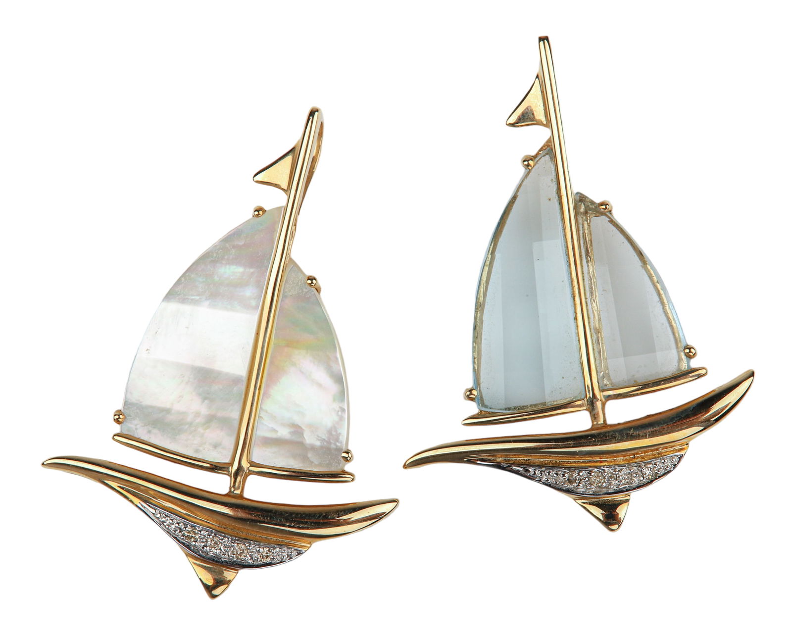(2) 14K Yellow Gold Sailboat Pendants: (2) 14K yellow gold sailboat pendants, diamond pave hull, with MOP and crystal sails,1 3/4"H, 8.4 DWT, retailed by Ross-Simons