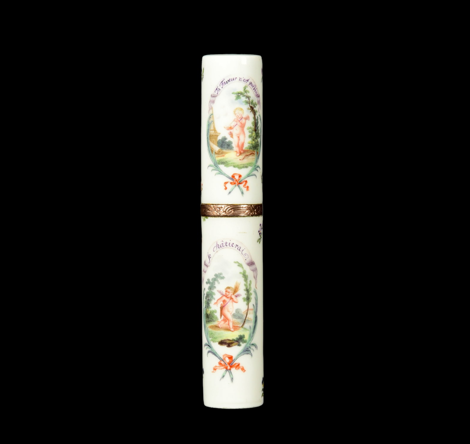 Porcelain Tube Lighter: Porcelain tube lighter, "Sincere / Ta faveur n'est qui ven / Promt en amour / Je chanterai" with cherubs in medallions, unmarked, 5-1/4" l, not currently functional. We have not added fluid to test it
