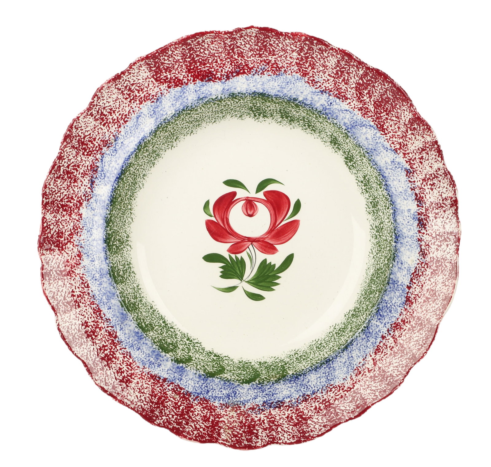 Adams Rose Rainbow Spatterware Soup Bowl: Adams Rose ironstone soup bowl, three color rainbow spatterware rim, 10-3/4" dia