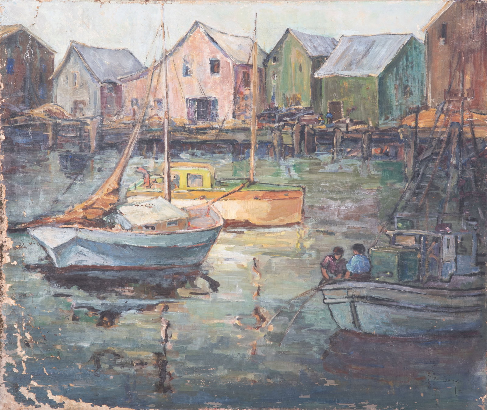 Cecil Fern Gary Harbor Scene Painting: Cecil Fern Gary (American, 1893-1979) CA artist, harbor scene painting, oil on canvas, signed "Fern Gary", unframed, 25" x 30", poor condition, excessive paint loss, needs restoration