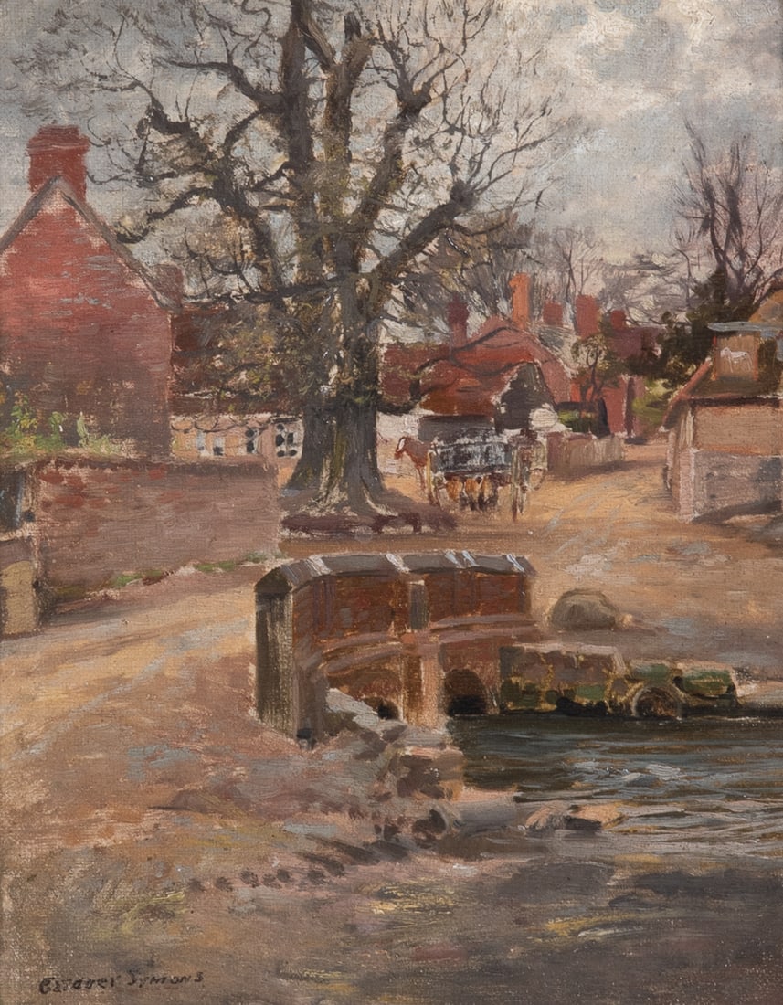 Impressionist Painting "English Village View": Impressionist painting "English Village View", oil on canvas mounted on board, bears signature "Gardner Symons", 9-1/4" x 7-3/8", framed 17-1/8" x 15-1/4", very good to excellent condition