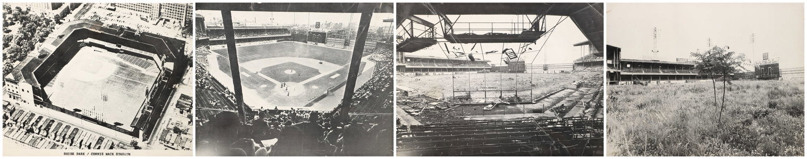 (4) Old Connie Mack Stadium Photos: (4) Old Shibe Park Connie Mack Stadium photos, B&W photos of stadium in different time frames, interesting in that it represents a time-release capsule of the stadium at its beginnings, normal use, as