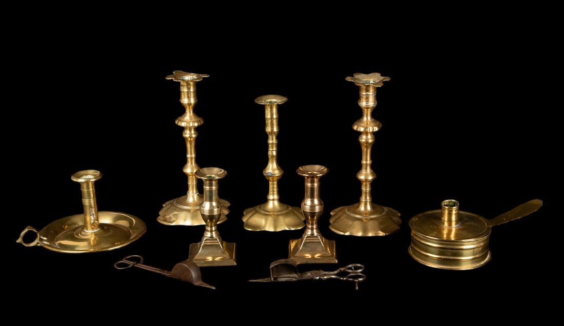 (7) Brass Candlesticks & (2) Steel Candle Scissors (1 of 1)