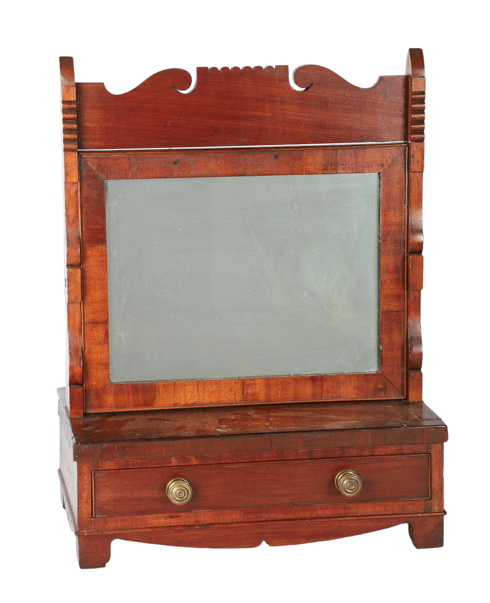 Dresser Top Shaving Mirror with Drawer: Walnut dresser top shaving mirror with drawer, mortise through crest board, swivel mirror, c 1820-1840, 16" x 10" x 20-3/4" h, some veneer loss