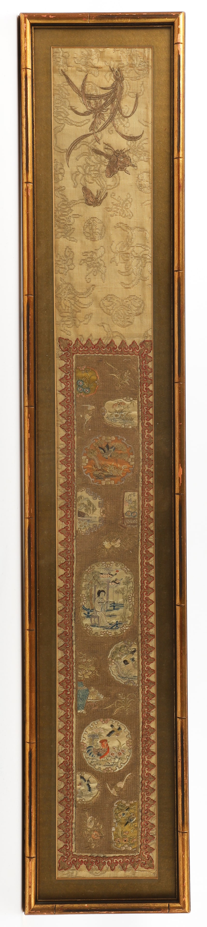 Chinese Embroidery: Chinese embroidery, in gilt faux bamboo frame, 37" x 4-1/2" sight, 40" x 7-3/8" overall