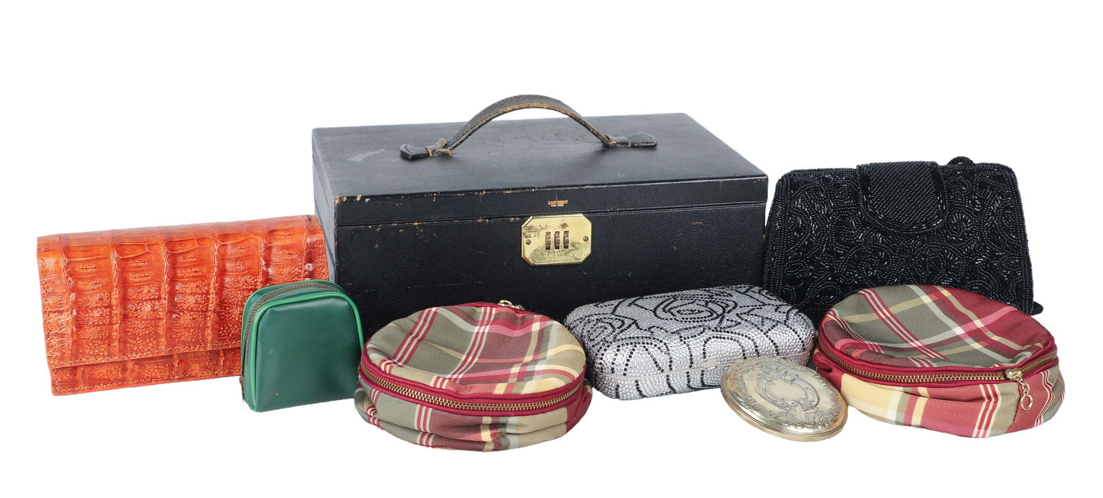 Lot of Purses & Dresser Items: Lot of purses & dresser items, c/o JNB rhinestone clutch, John Cole crocodile leather clutch, Talbots beaded evening purse, DeVilbiss hand polished glass atomizer with vinyl case, Wallace sterling sil