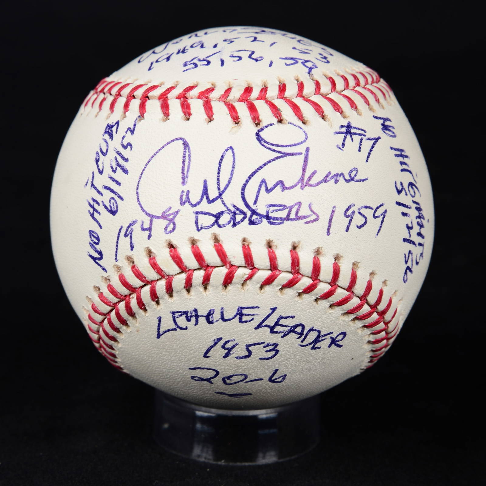 Carl Erskine Signed Full Stats Ball Auction