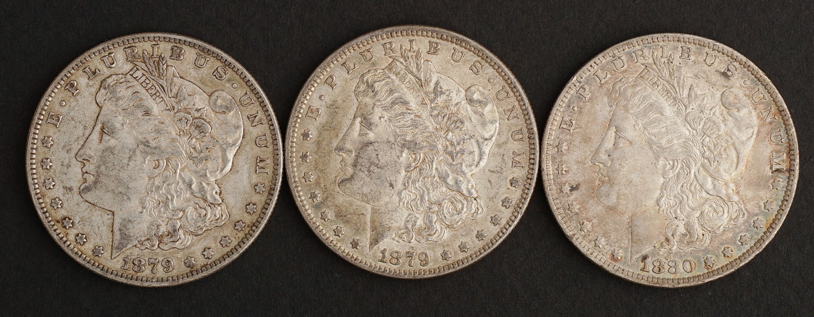 (3) Morgan Dollars, 1879, 1879-O, 1880-O, XF-AU (1 of 2)