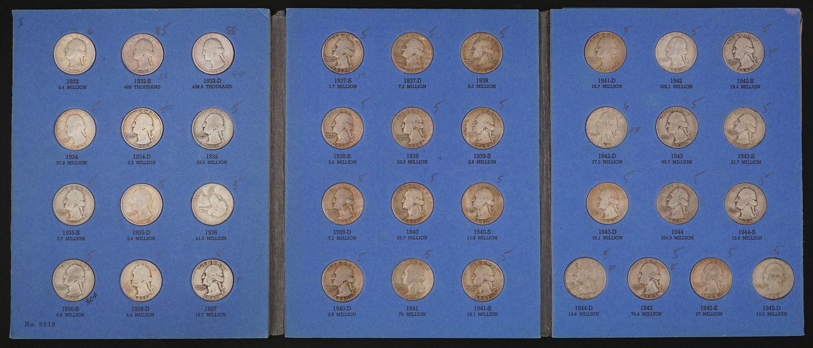 37 Washington Silver Quarters, 1932-1945-D (1 of 2)