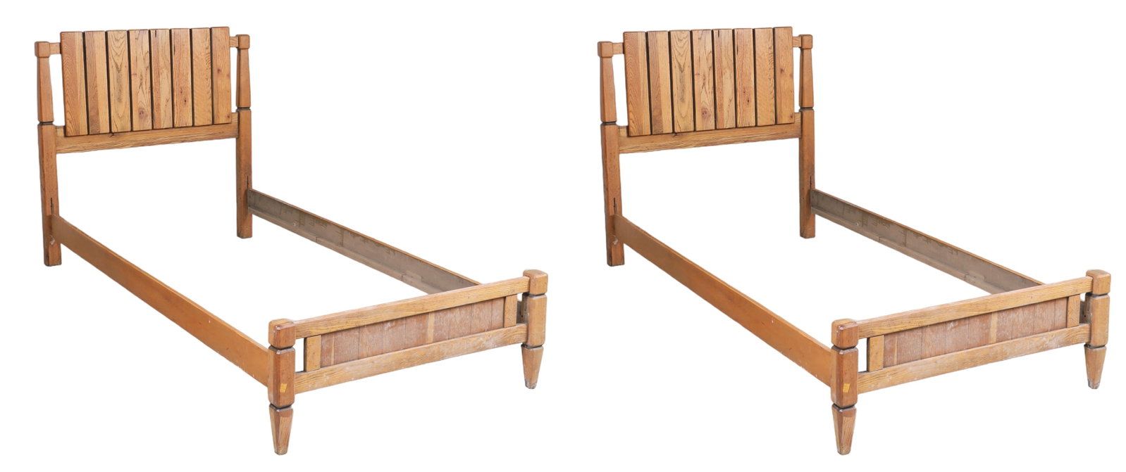 Pair Oak slatted twin size beds: Pair Oak slatted twin size beds, slatted backs, 42"h x 41"w