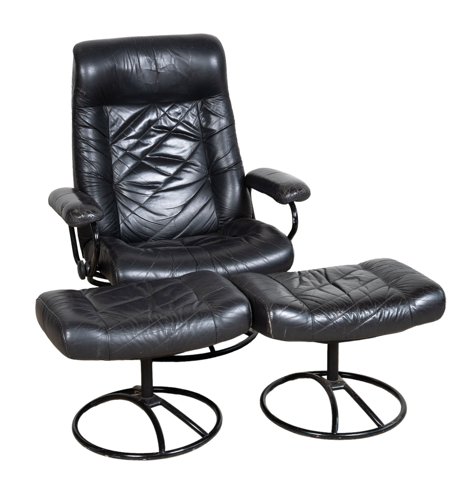 Modern Design leather lounge chair and pair ottomas (1 of 2)