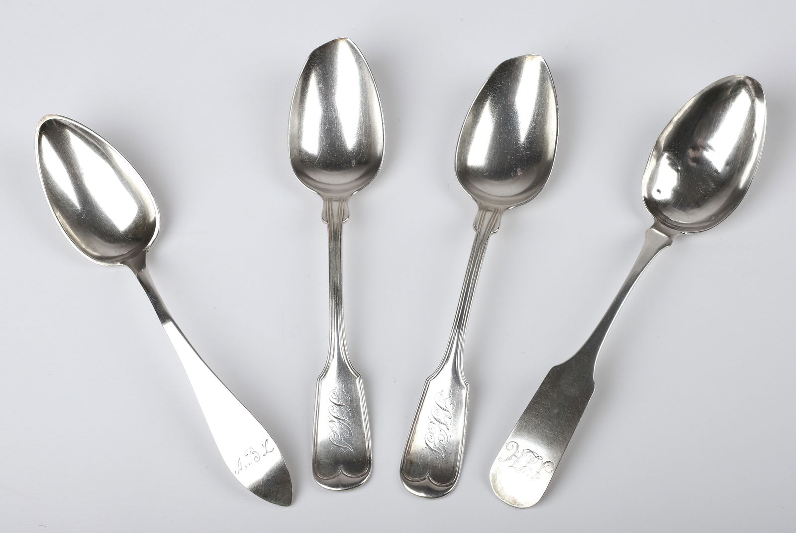 (4) Coin Silver Spoons, 7.465 TO: (4) Coin silver spoons, 7.465 TO, c/o (2) EV Haughwout & Co tablespoons with "SKJ" monogram, JC Farr tablespoon with "JLH" mono, tablespoon marked indistinctly with "ABL" mono