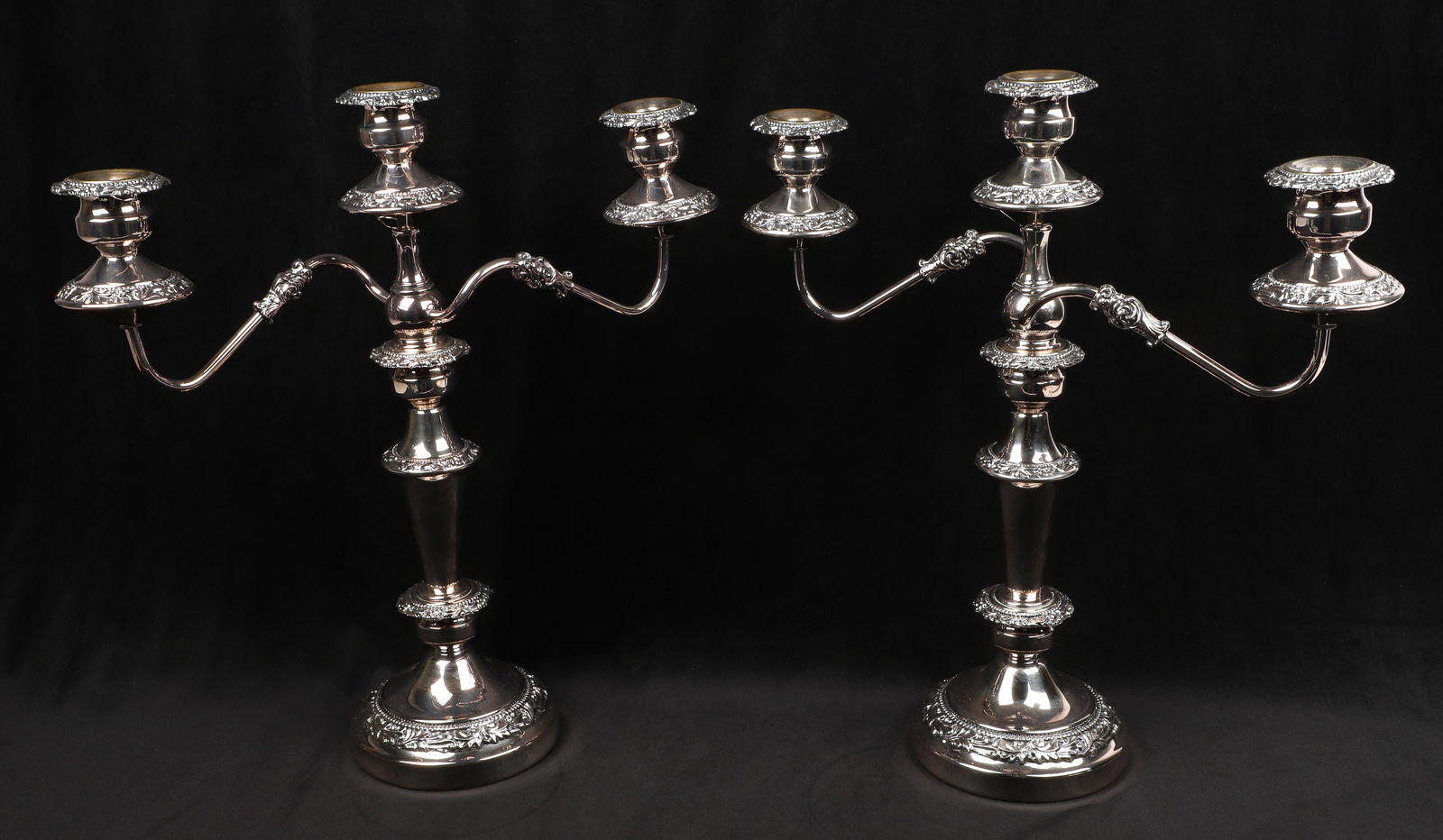 Pair of GSC Silver Plate 3-Arm Candelabra: Pair of Goldfeder Silver Co silver plate 3-arm convertible candelabra with bobeches, "GSC" mark to base, 18-1/4" h x 17-1/4" w