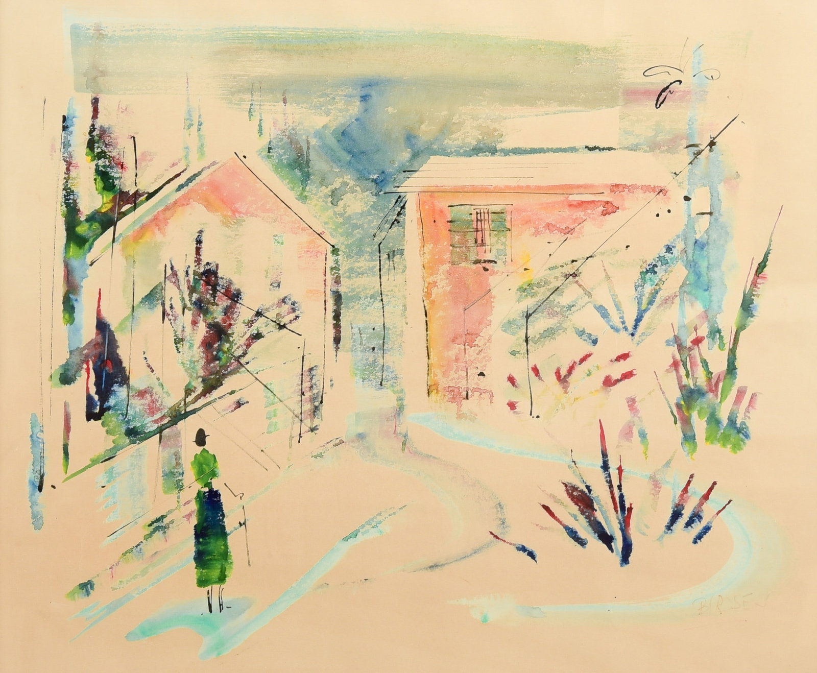 Alfred Birdsey Bermuda Watercolor Landscape: Alfred Birdsey (Bermudian, 1912-1996) Bermuda watercolor landscape, watercolor & gouache on paper, signed "Birdsey", 17" x 21-3/4" sight, framed 25" x 28-3/4", very good condition