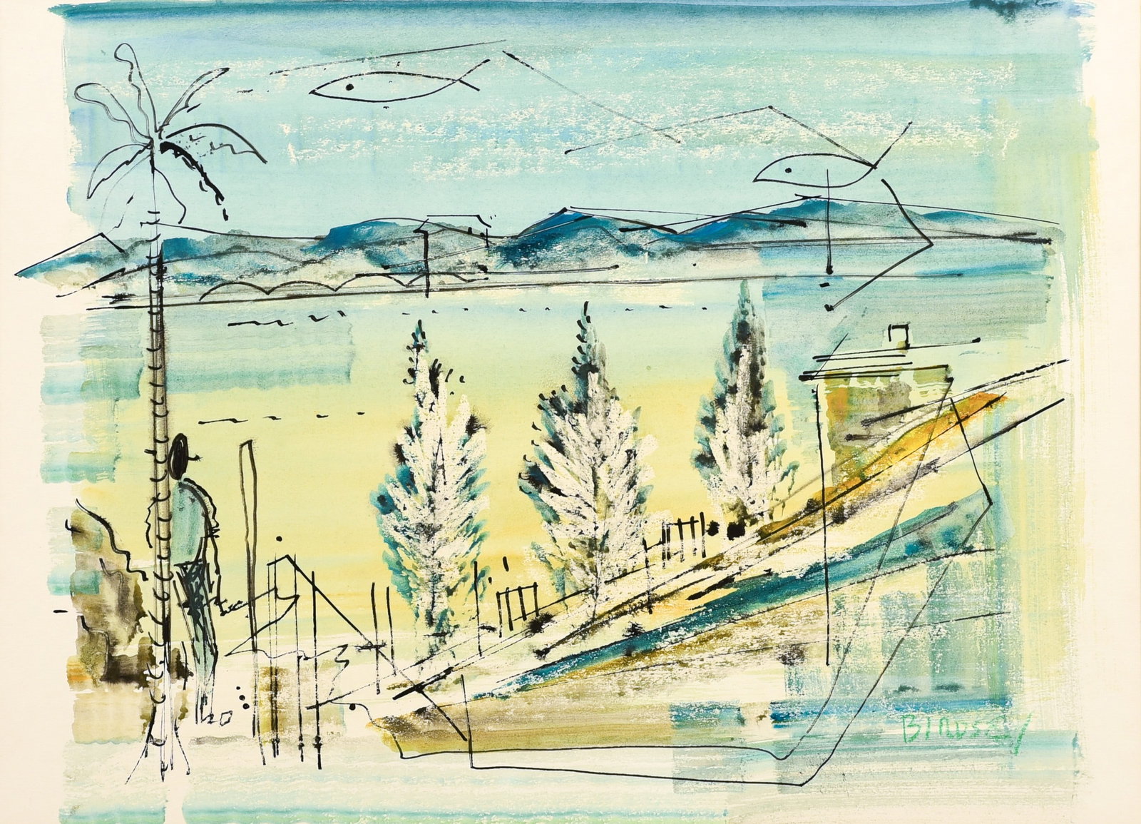 Alfred Birdsey Bermuda Watercolor Landscape: Alfred Birdsey (Bermudian, 1912-1996) Bermuda watercolor landscape, watercolor on paper, signed "Birdsey", 16" x 22" sight, framed 23" x 29", very good condition, missing glass