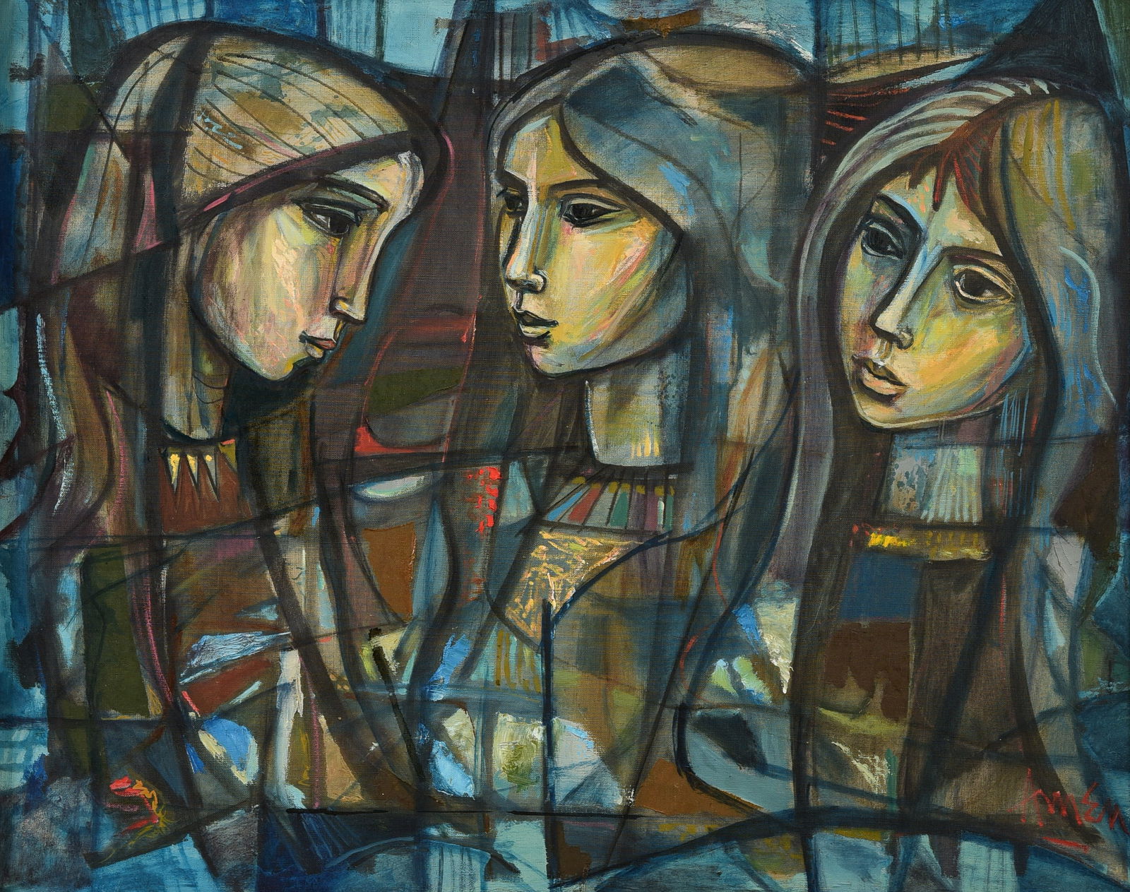Irving Amen Modern Painting "3 Girls" (1 of 4)