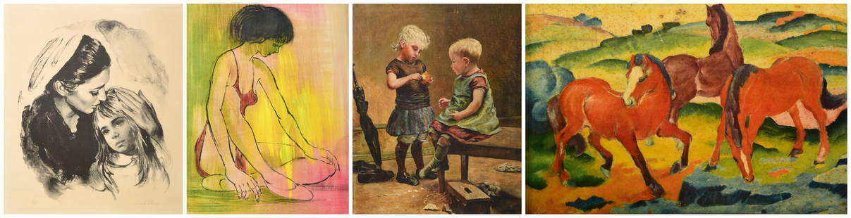 (7) Pcs Paintings and Prints: (7) Pcs, paintings and prints includes Ludwig oil painting of children, Albert Pels pastel of children, Sandy Liberman lithograph, framed print of horses, unframed giclee after Gustav Klimt, unframed