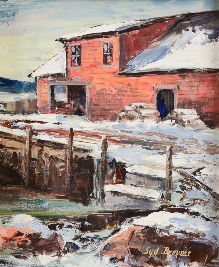 Syd Browne "Dock in Winter": Syd Browne (American, 1907-1991) NY artist "Dock in Winter", oil on masonite, signed "Syd Browne", 10" x 8-1/4", framed 12-1/2" x 11", excellent condition