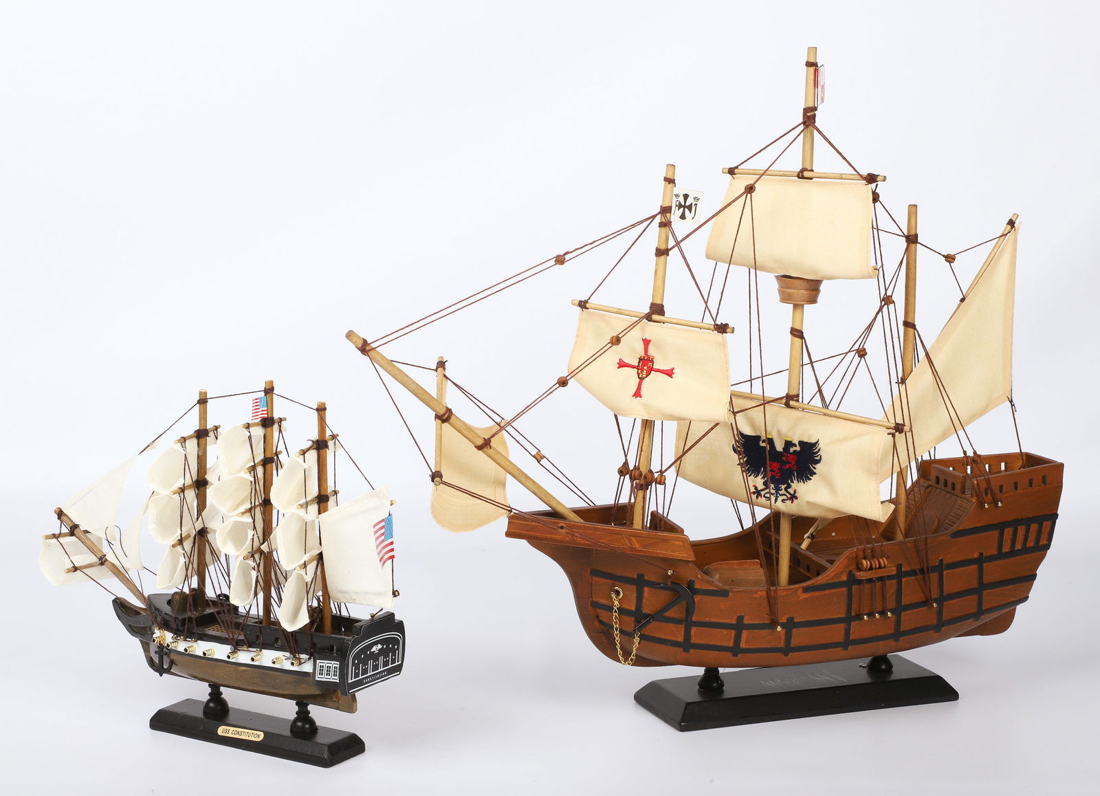 (2) Sailing Ship Models: (2) Sailing ship models, c/o Santa Maria (20" w x 16" h), USS Constitution (10-1/2" w x 9" h)