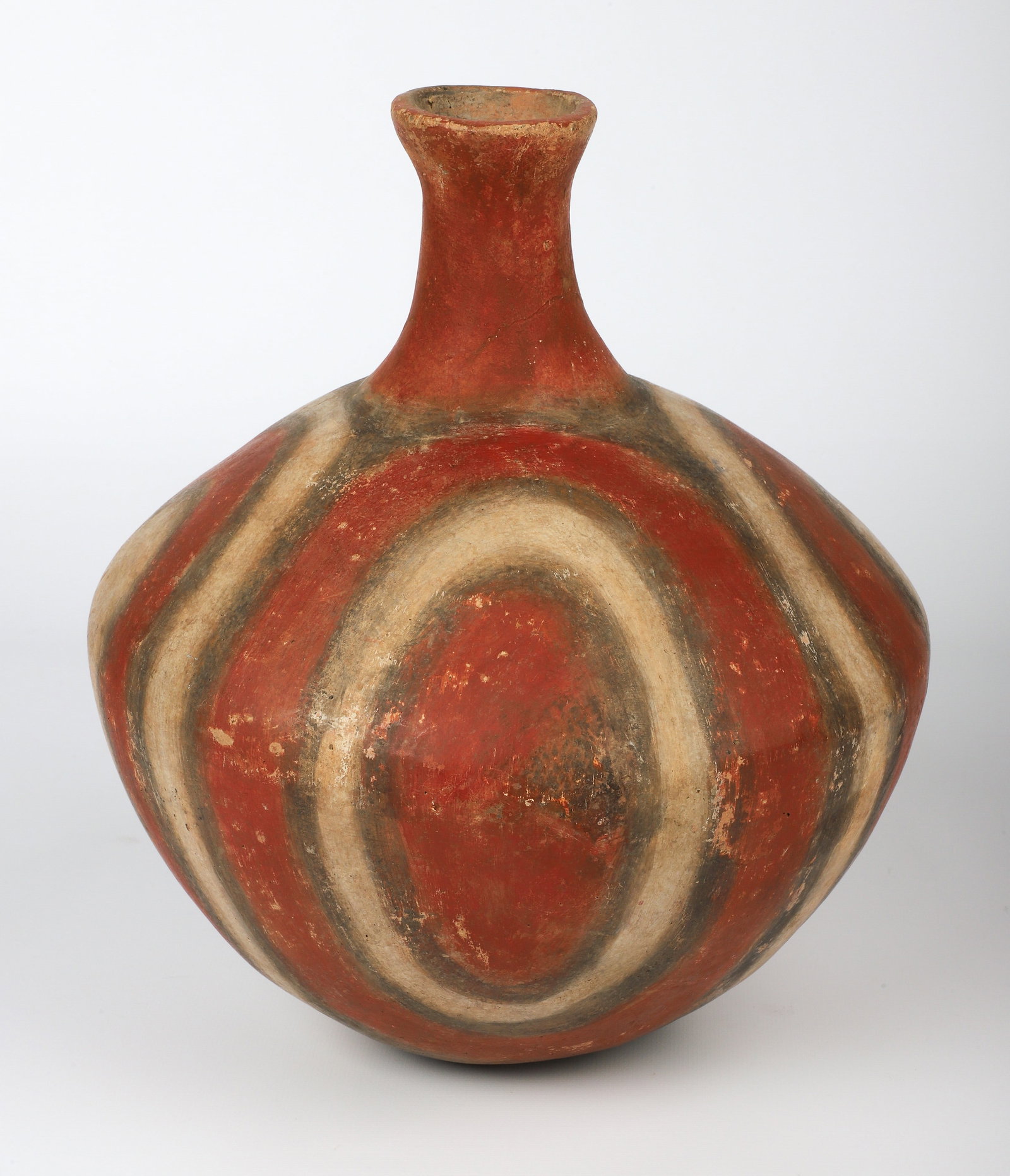 Quapaw Style Mississippian Pottery Vase: Quapaw style Mississippian Pottery vase, red, black & white decoration, rounded but stable base, unmarked, 11-1/2" h