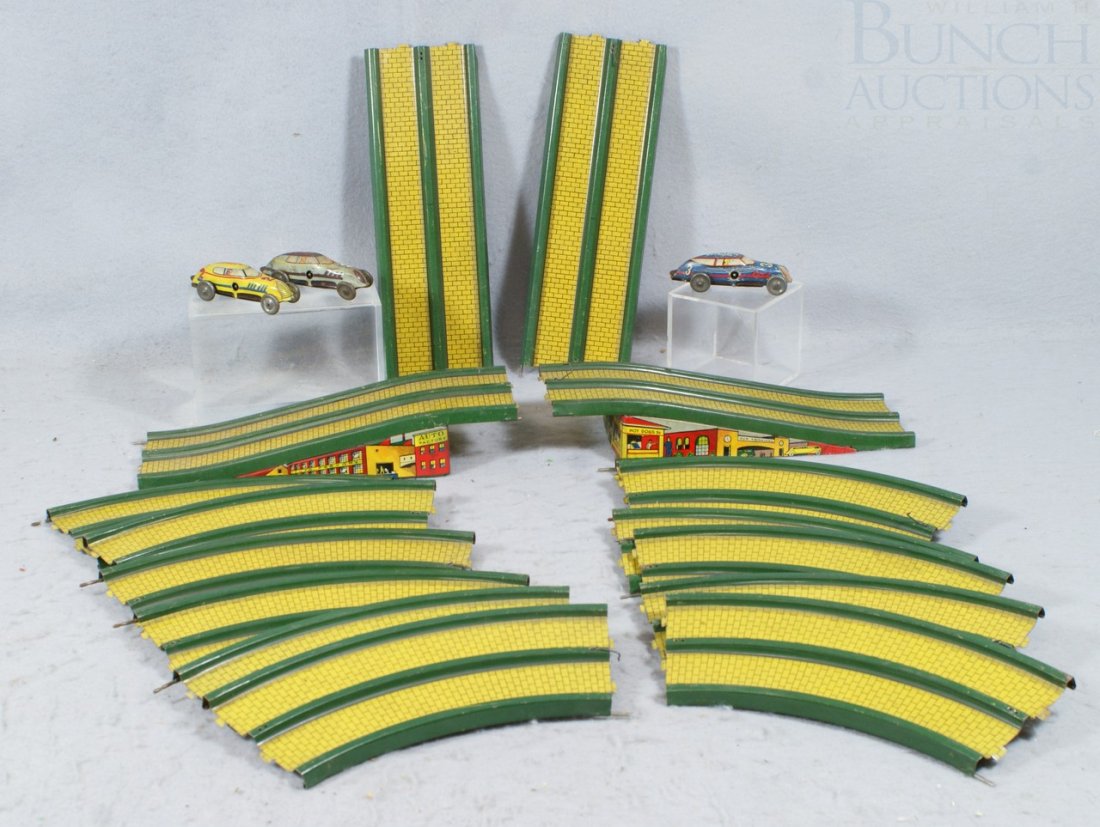 3 Marx Tin Litho Key Wind Racers with 17 pcs of : 3 Marx Tin Litho Key Wind Racers with 17 pcs of tin litho track, no keys, cars 4" across