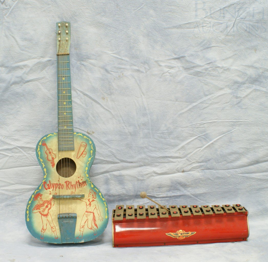 (2) Musical instruments, c/o wooden lithographed : (2) Musical instruments, c/o wooden lithographed Calypso Rhythm guitar and a Tudor Xylophone with mallet, longest 30"