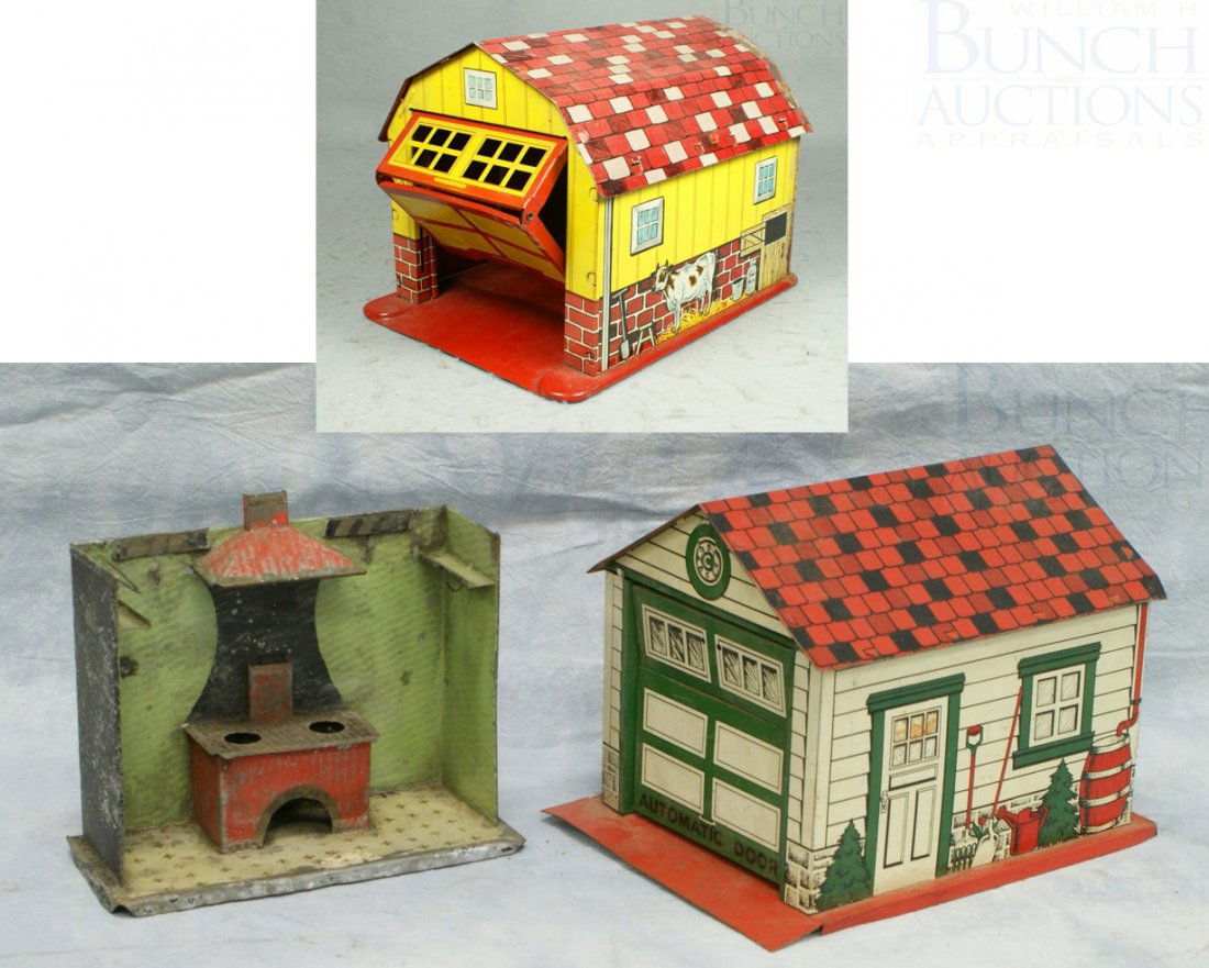 Tin litho garage with automatic door, Marx tin li: Tin litho garage with automatic door, Marx tin litho barn with automatic door, and tin litho kitchen, tallest 7 1/2"