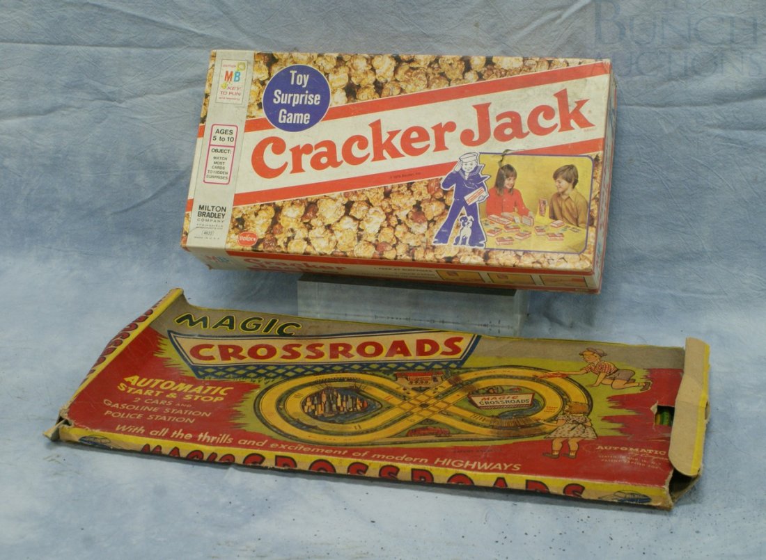 Milton Bradley Cracker Jack Toy Surprise game & A: Milton Bradley Cracker Jack Toy Surprise game & Automatic Toy Company Magic Crossroads tin litho set