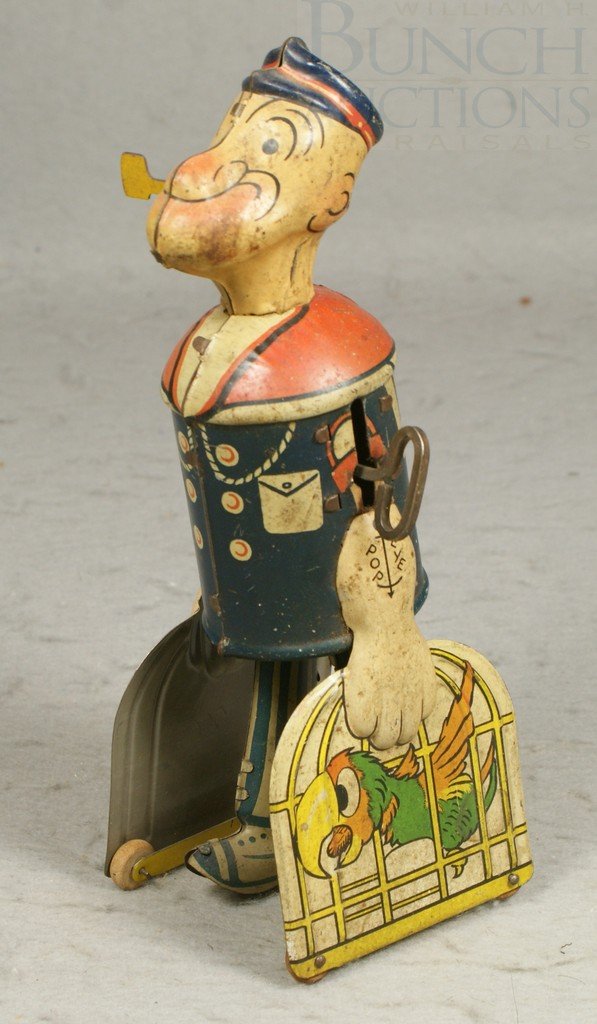 Marx Popeye Tin Litho Wind up Walker with Parrot : Marx Popeye Tin Litho Wind up Walker with Parrot Cages, in working condition, very minor paint loss, 8-1/2" h