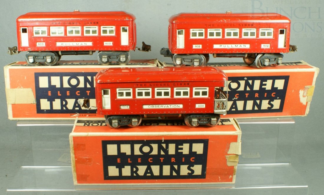 3 Lionel Pre War O Gauge Passenger cars (2) Pullm: 3 Lionel Pre War O Gauge Passenger cars (2) Pullman #603 and Observation #604, with original boxes, 9"
