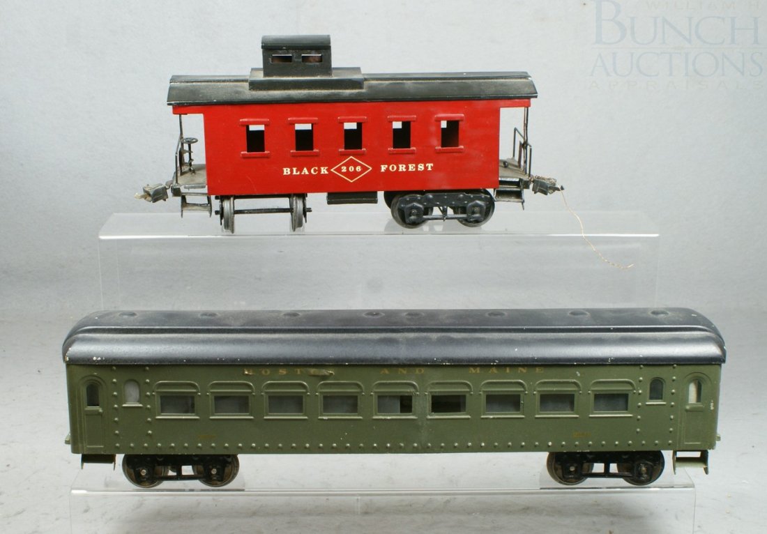 2 Train Cars, Standard Gauge, no manufacturer's n: 2 Train Cars, Standard Gauge, no manufacturer's name, red one marked "Black Forest 206" the other marked " Boston and Maine 2345" longest 18"